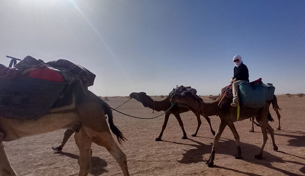 Woman on a camel during a 2-day Sahara adventure, exploring the vast Sahara Desert with ADN Sahara.