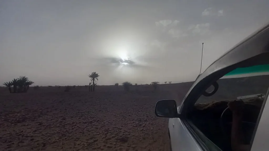 Car stopped in the desert, window open, side mirror visible, with the sun filtered through clouds and some palm trees in the distance. Sahara Desert Treks Morocco