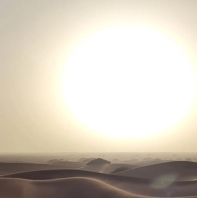 Flat sandy ground with a vast, slightly cloudy sky over the Sahara Desert