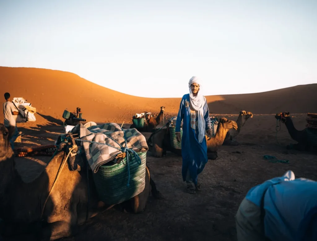 Sahara Trek Preparation — Nomadic Guide and Loaded Camels