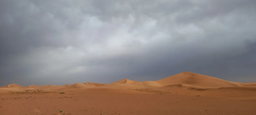 Paysage spectaculaire du Sahara marocain avec des dunes aux teintes ocres et un ciel nuageux aux couleurs changeantes, révélant une autre facette du désert pendant votre voyage.