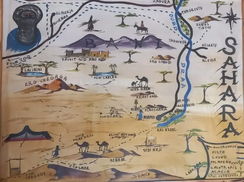 Carte dessinée du désert de M’Hamid El Ghizlane avec l’Erg Chegaga, le Drâa, les montagnes, les acacias, les dromadaires et un fennec